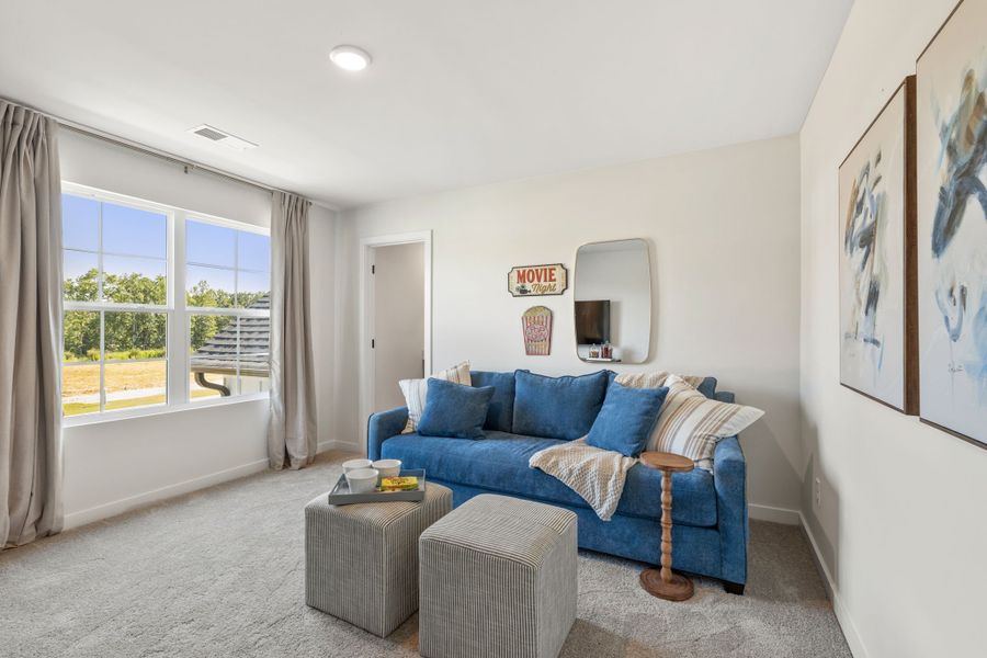A living room with a blue couch and a blue couch.