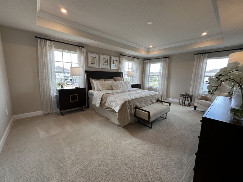 A spacious bedroom with elegant tray ceilings, soft carpeting, and large windows, creating a cozy and inviting atmosphere.