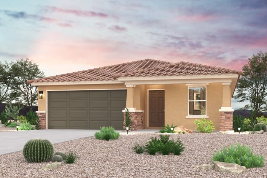 A house with a garage and bushes.