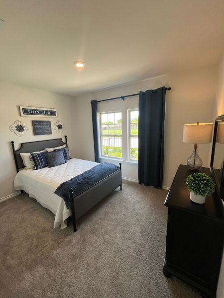 Cozy bedroom with a dark bedframe, plush carpet, and ample natural light. Decor adds a personal touch.