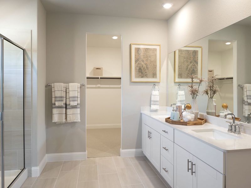 His and Hers vanities and a large shower highlight your spa-like master bath retreat.