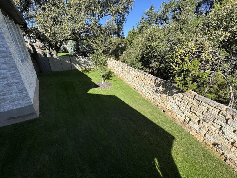 A serene backyard with lush grass and a stone wall in Wolf Ranch - 55' by Westin Homes (Georgetown, TX).