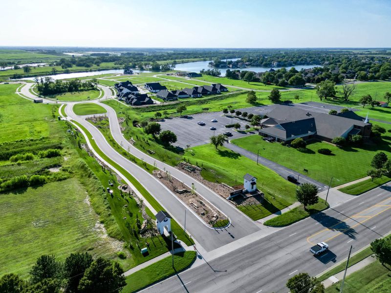 Aerial view of the The Courtyards at The Moorings community in Wichita, KS, showing layout and nearby surroundings (Image 8).