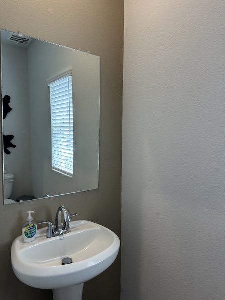 A sleek bathroom with a pedestal sink, chrome faucet, and rectangular mirror, complementing a cozy atmosphere.