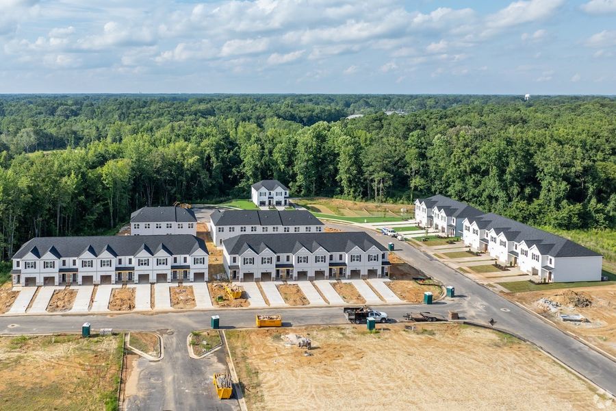 Aerial view of the Marin Woods Townhomes community in Smithfield, NC, showing layout and nearby surroundings (Image 12).