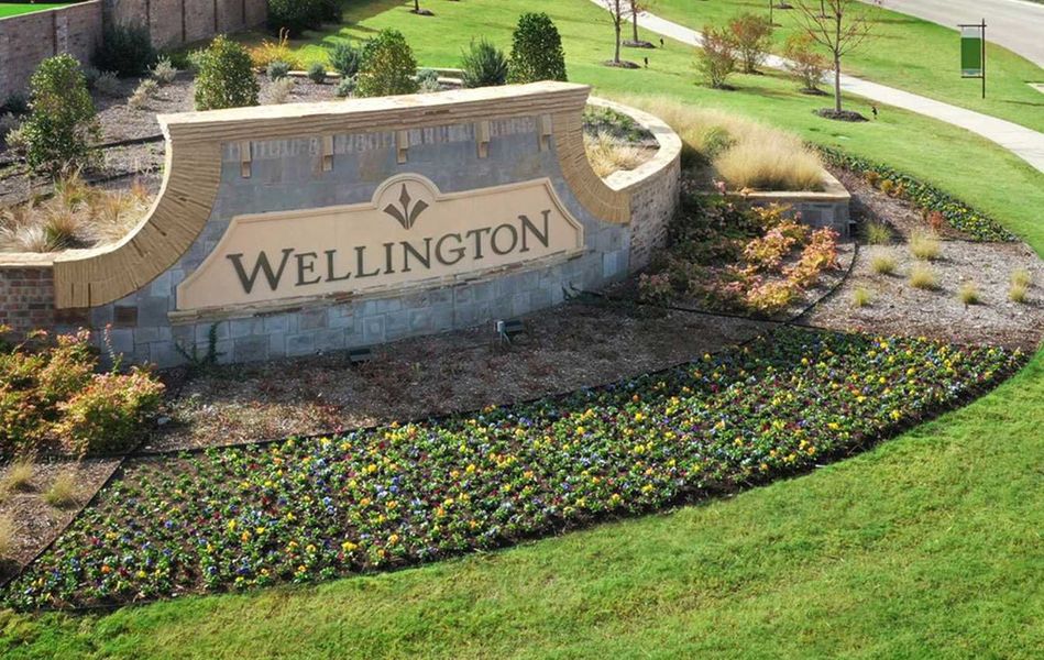 Entrance to the Wellington: 40ft. lots community in Fort Worth, TX, featuring signage and landscaping (Image 1).