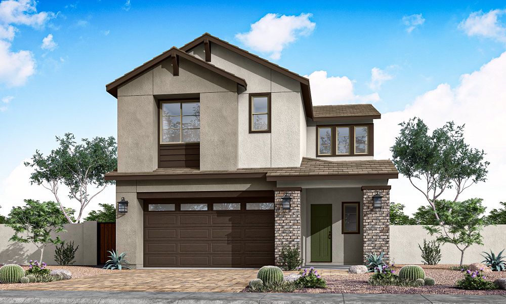 Front exterior of a home in the Vireo at Waterston Central community, located in Gilbert, AZ (Image 3).