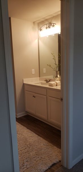 A cozy bathroom with a sleek vanity, elegant lighting, and a plush rug for added comfort.