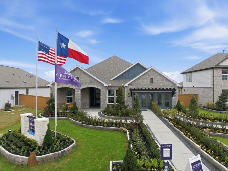 A row of houses with flags. A row of houses with flags.