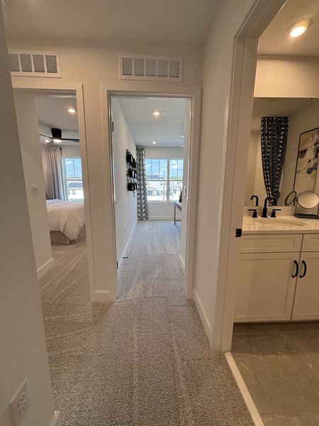 A well-carpeted hallway leading to bright rooms with large windows and modern decor.