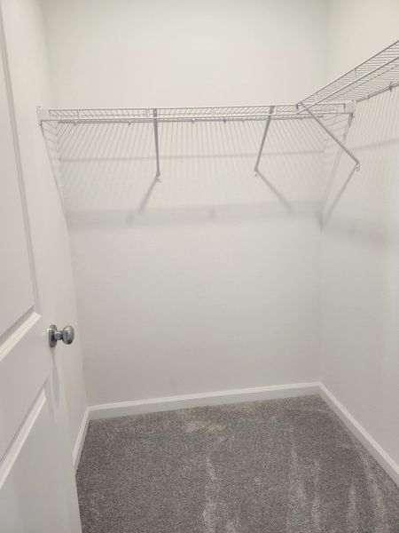 A spacious, carpeted walk-in closet with wire shelving, perfect for organizing your wardrobe essentials.