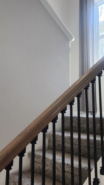A modern staircase featuring a wooden handrail, carpeted steps, and black balusters, next to a window with natural light.