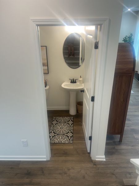 A cozy powder room with an elegant oval mirror, sleek pedestal sink, and decorative rug on hardwood floors. A cozy powder room with an elegant oval mirror, sleek pedestal sink, and decorative rug on hardwood floors.