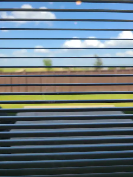 A scenic view with clear blue skies and lush greenery through window blinds. A scenic view with clear blue skies and lush greenery through window blinds.