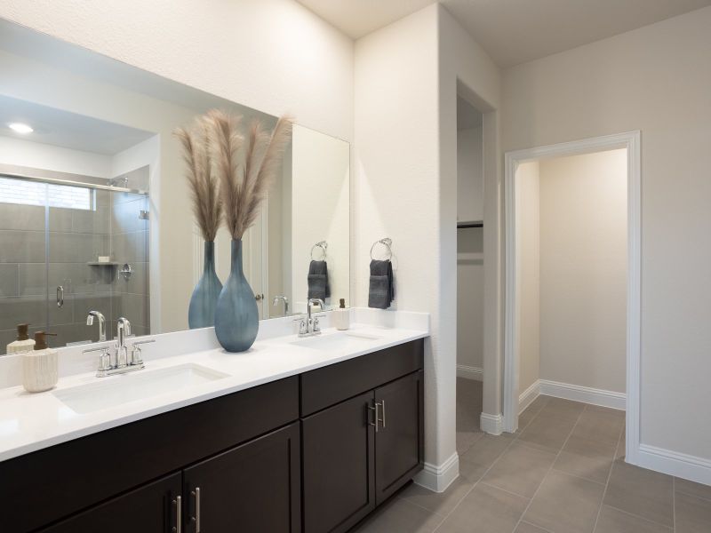 Primary bathroom with double vanity and large walk-in closet