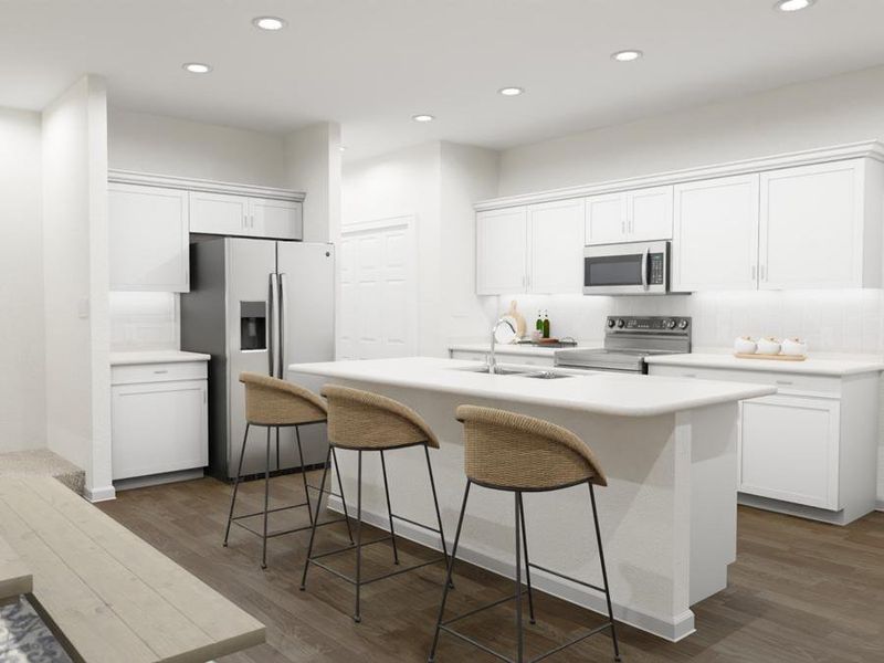 Each home includes features such as a kitchen island, 36-inch cabinets, and Samsung SS appliances. (Artists` rendering of the Aria)