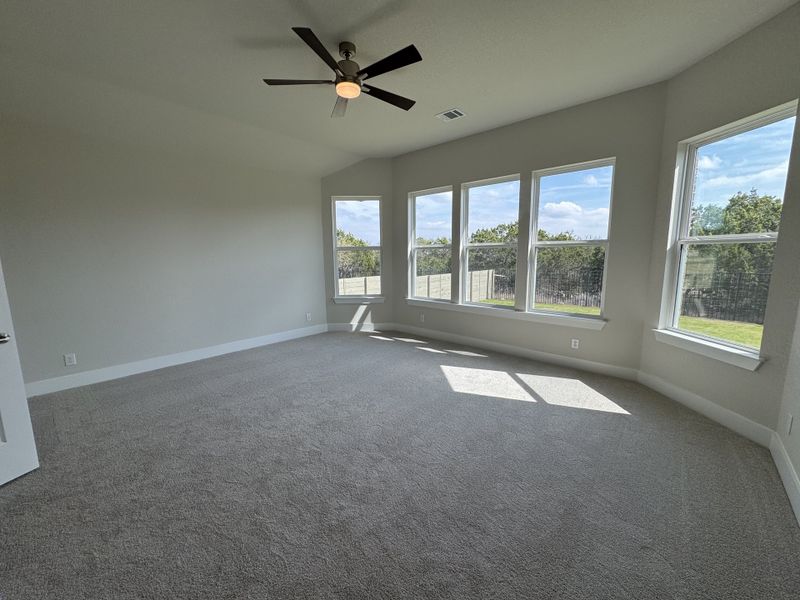 A spacious, bright room with large windows, soft carpet, and a ceiling fan, offering serene views of greenery.