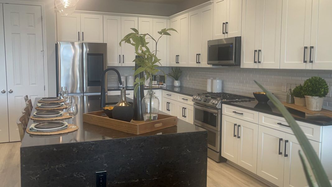 A sleek kitchen featuring white cabinetry, a black marble island, stainless steel appliances, and elegant decor.