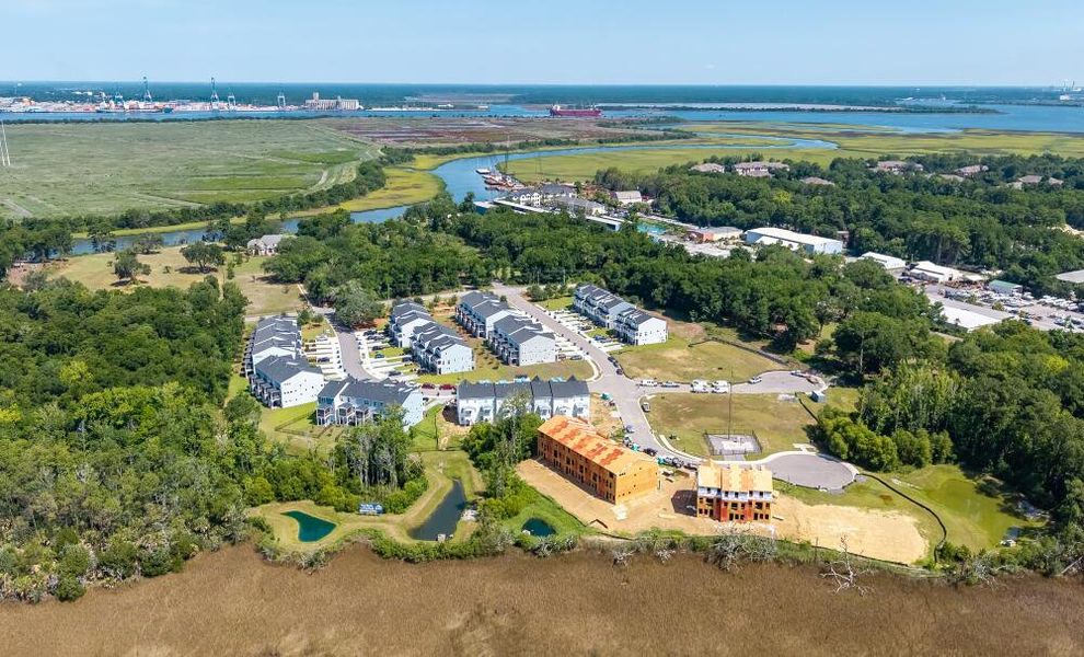 Aerial view of the The Bluffs at Pinefield Townhomes community in Charleston, SC, showing layout and nearby surroundings (Image 10).