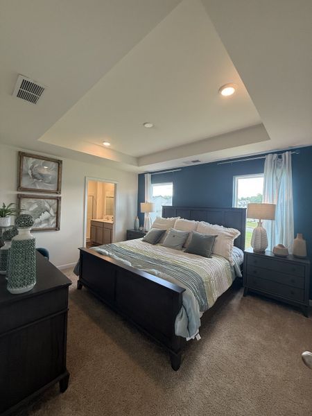 A cozy bedroom featuring a tray ceiling, plush carpeting, and elegant dark wood furnishings with soft natural lighting.