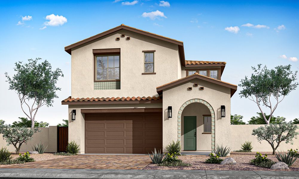 Front exterior of a home in the Vireo at Waterston Central community, located in Gilbert, AZ (Image 16).
