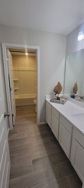 A modern bathroom with wood-like tile flooring, white cabinetry, and a spacious vanity mirror.