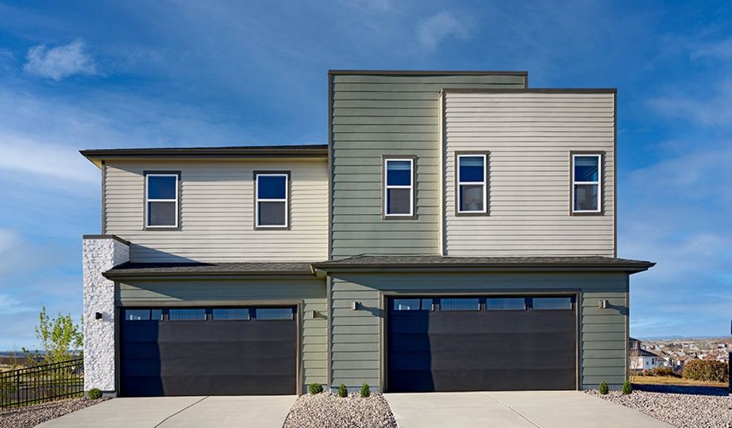 Front exterior of a home in the The Duos at Looking Glass community, located in Parker, CO (Image 12). Front exterior of a home in the The Duos at Looking Glass community, located in Parker, CO (Image 12).