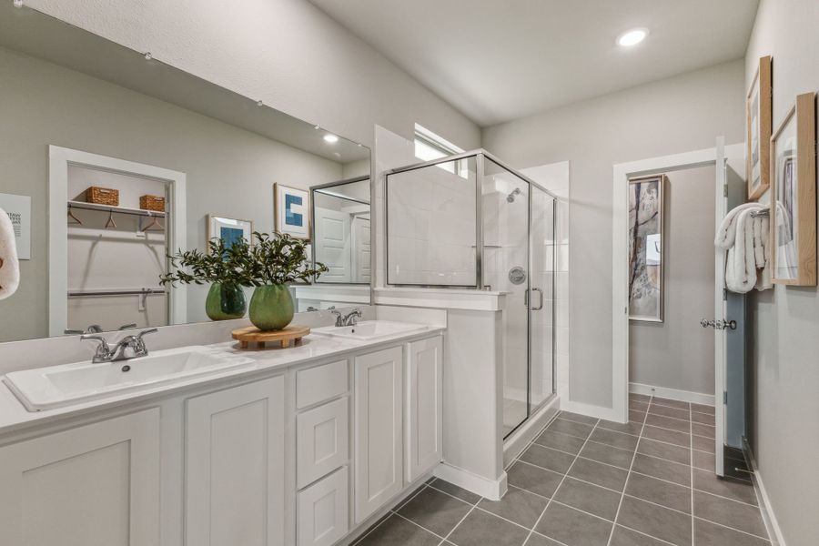 REPRESENTATIVE PHOTO – Primary Bath in a Tesoro at Chisholm Trail Ranch new home in Crowley TX by Trophy Signature Homes