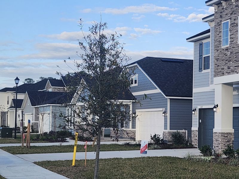 Charming homes with stone accents and manicured lawns in Jennings Farm by Dream Finders Homes (Middleburg, FL).