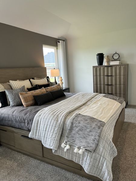 A cozy bedroom featuring a plush bed, stylish throws, and elegant neutral decor with warm lighting. A cozy bedroom featuring a plush bed, stylish throws, and elegant neutral decor with warm lighting.