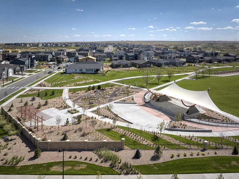 Aerial view of the The Aurora Highlands community in Aurora, CO, showing layout and nearby surroundings (Image 1).