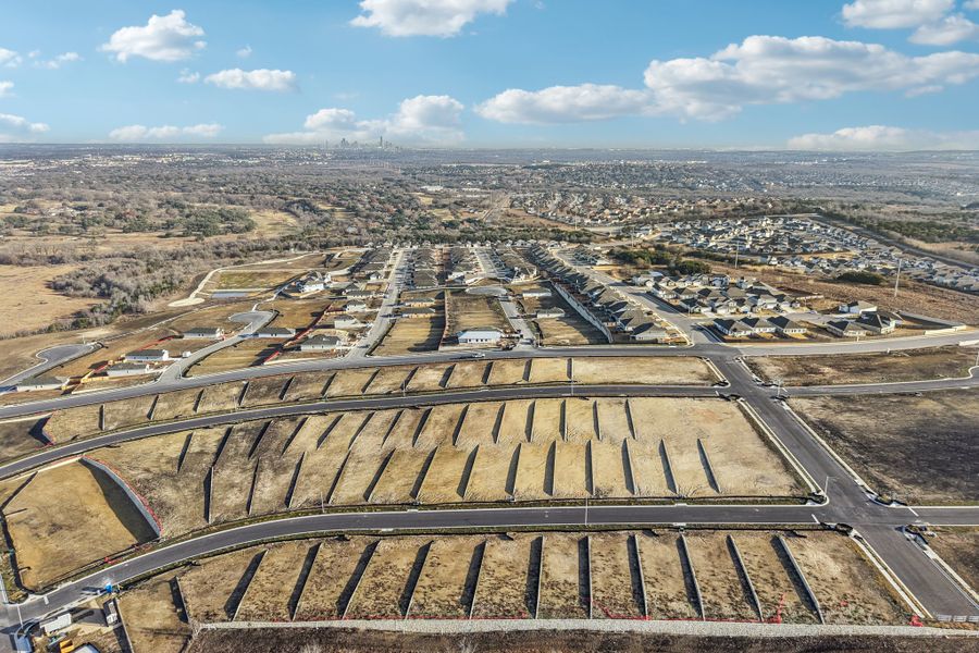 A view of a city from a high up.