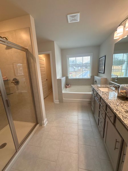 A modern bathroom with a sleek granite-topped vanity, tiled shower, and inviting soaking tub under a large window.