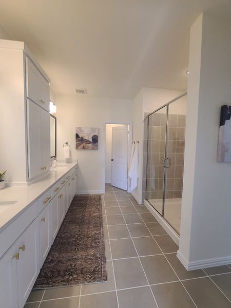 A spacious, elegant bathroom with a long vanity, glass shower, and stylish decor.