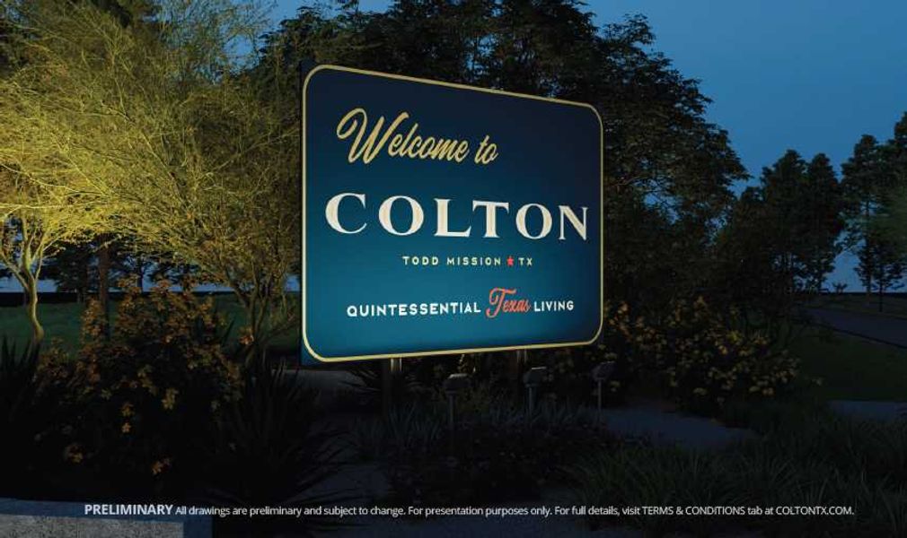 Entrance to the COLTON community in Todd Mission, TX, featuring signage and landscaping (Image 1). Entrance to the COLTON community in Todd Mission, TX, featuring signage and landscaping (Image 1).