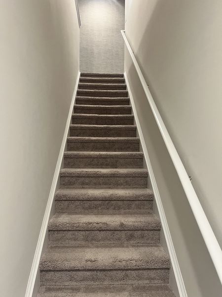 A carpeted staircase with soft beige walls and a sleek white railing leads to a brightly lit hallway.