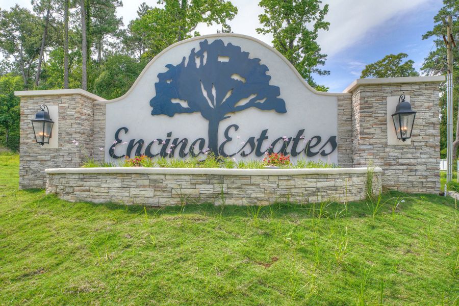 Entrance to the Encino Estates community in Dayton, TX, featuring signage and landscaping (Image 1). Entrance to the Encino Estates community in Dayton, TX, featuring signage and landscaping (Image 1).