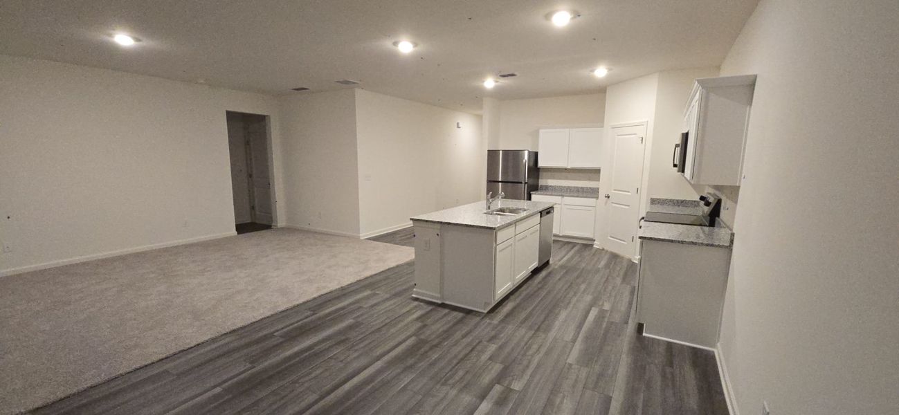 An open-plan kitchen and living area featuring wood-look flooring, plush carpeting, and recessed lighting.