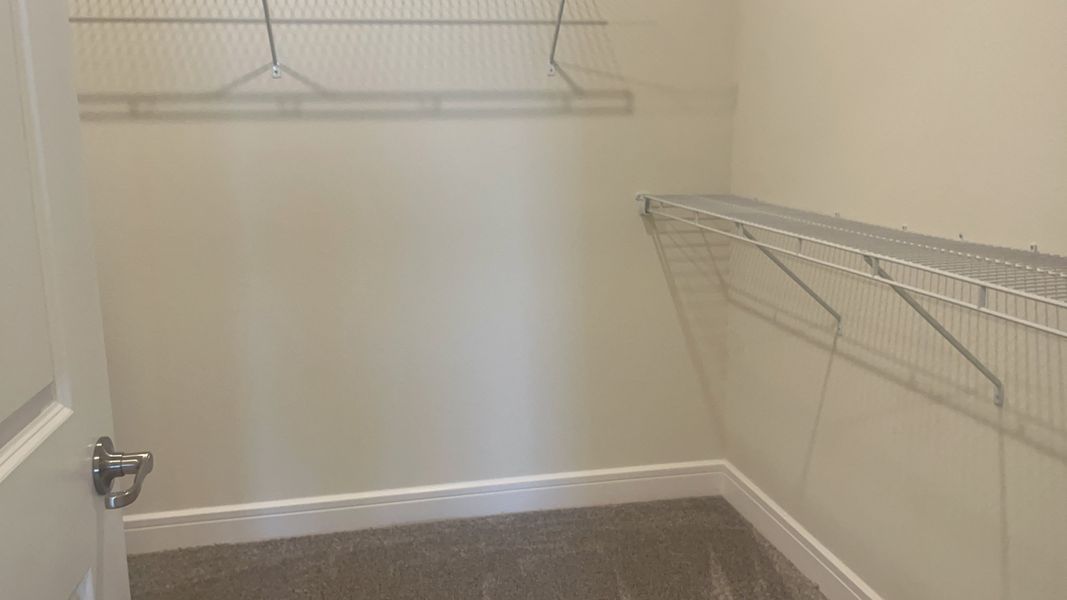 A spacious walk-in closet with wire shelving and soft carpet flooring.