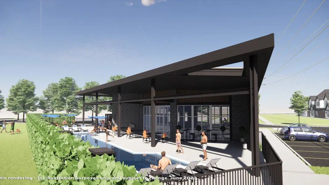 Elegant clubhouse featuring sleek modern lines and a chic outdoor pool area in Collin Creek community. Elegant clubhouse featuring sleek modern lines and a chic outdoor pool area in Collin Creek community.