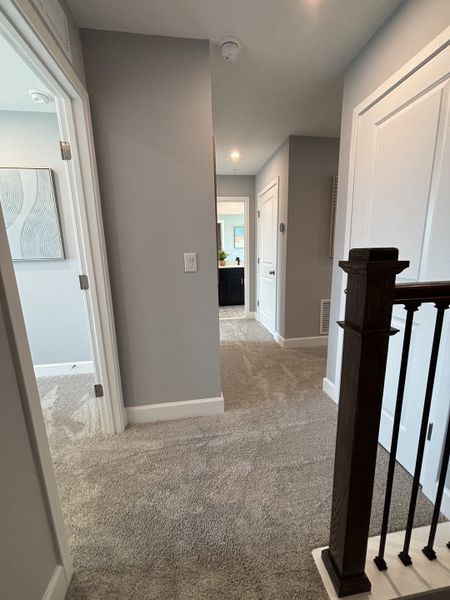 A cozy hallway with plush carpet, neutral walls, and elegant wooden accents leading to modern rooms.
