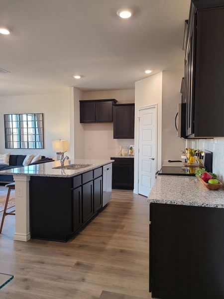 A sleek kitchen with dark cabinetry, granite countertops, and warm wood flooring creates a welcoming and modern space. A sleek kitchen with dark cabinetry, granite countertops, and warm wood flooring creates a welcoming and modern space.
