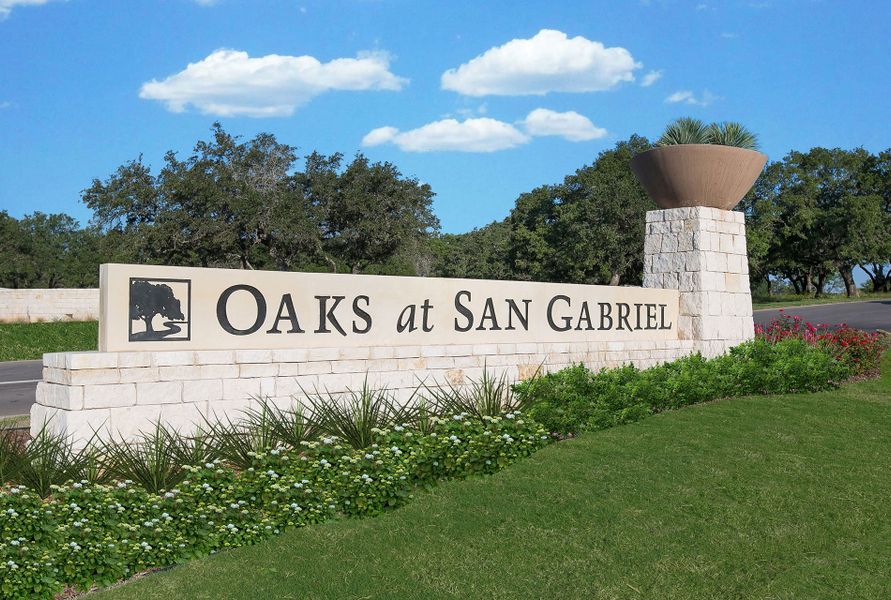 Entrance to the Oaks at San Gabriel community in Georgetown, TX, featuring signage and landscaping (Image 15).