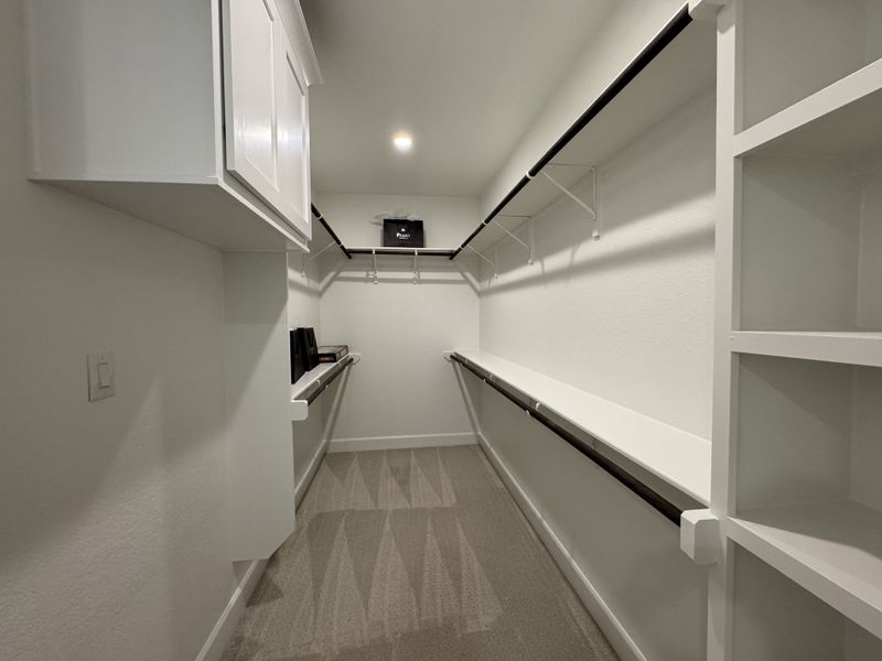 A spacious walk-in closet with sleek shelving, ample hanging space, and soft carpeting for elegant storage solutions.