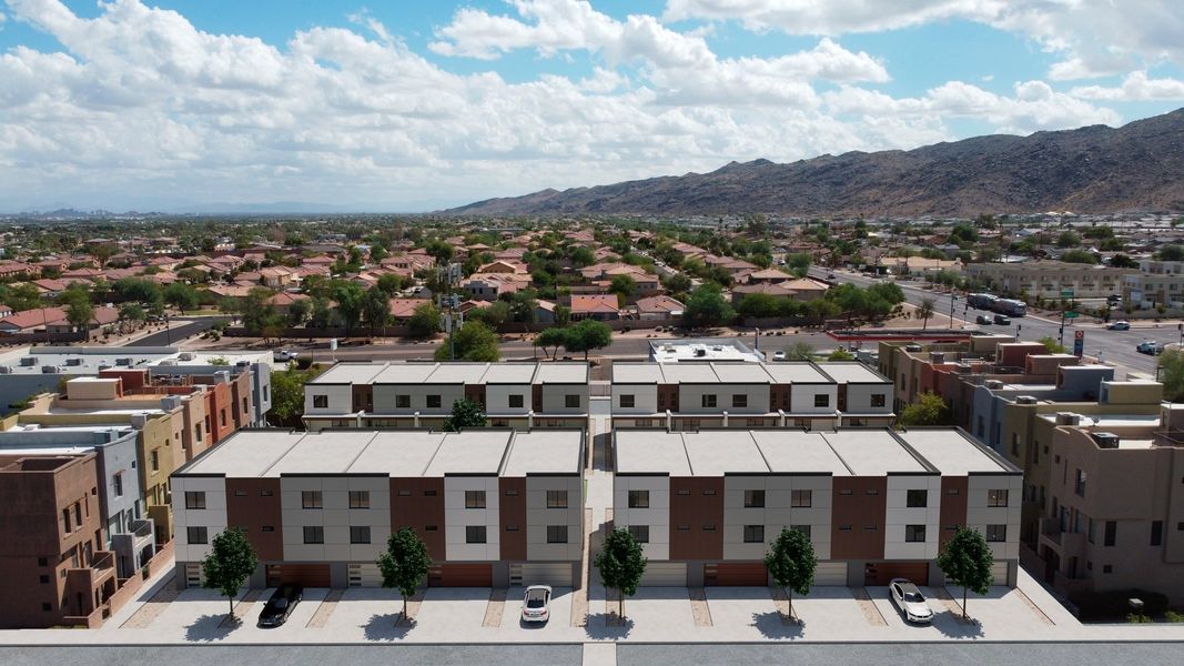 Aerial view of the Lofts Townhomes community in Phoenix, AZ, showing layout and nearby surroundings (Image 2).