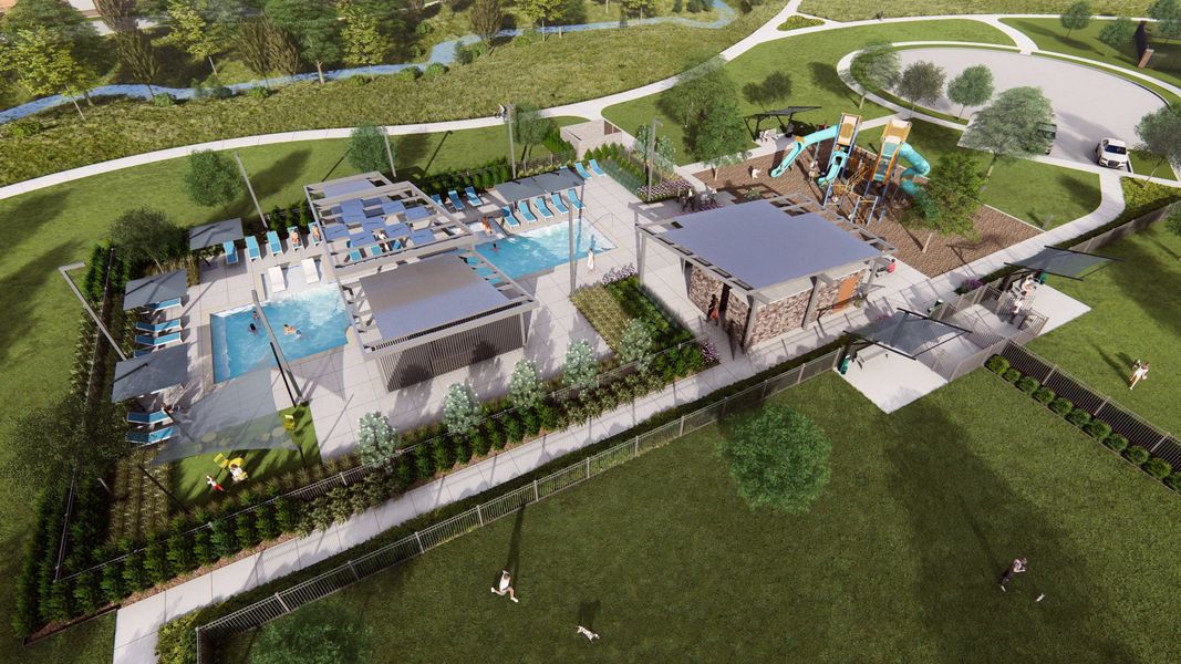 Ten Mile Creek Aerial Rendering of Resort-Style Pool, Playground and Hike-and-bike Trails