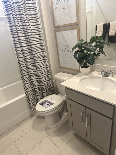 A cozy bathroom with a striped shower curtain, framed wall art, and a greenery accent on a sleek vanity.