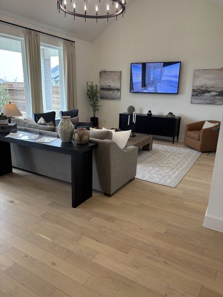 A cozy living room with light wood floors, a gray sofa, modern art, and a sleek black console under a mounted TV.