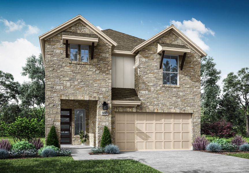 Front exterior of a home in the Terrace Collection at Heritage community, located in Dripping Springs, TX (Image 3).