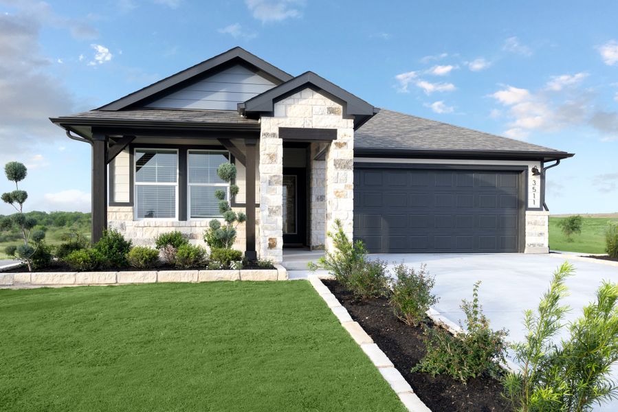 Front exterior of a home in the Turner's Crossing - Reserve Collection community, located in Buda, TX (Image 5). Front exterior of a home in the Turner's Crossing - Reserve Collection community, located in Buda, TX (Image 5).